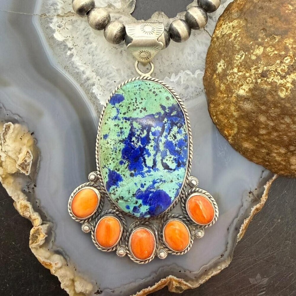 Sterling Southwestern Style Azurite Chrysocolla & Spiny Oyster Decorated Pendant
